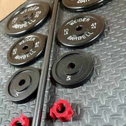 5 ft Standard Barbell with pairs of 25s, 10s and 5 pounders [ All Vintage and reconditioned equipment). Brute Weight= 95#