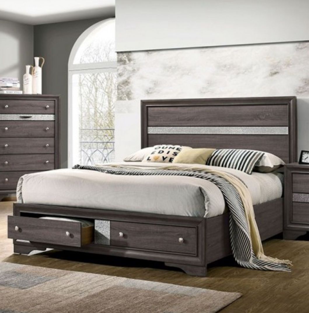 Gray Bedroom Set - 4pc Queen Bed Dresser Mirror Nightstand 
