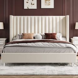 Bed Frame King Size Upholstered Velvet Channel Tufted - No Box Spring Needed - Cream SEE DESCRIPTION