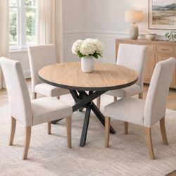 40" Round White Oak Dining Table - Ash Grey Rubio Finish & Metal Bas