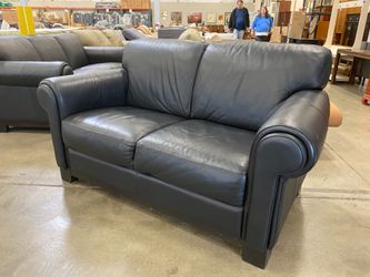 CHATEAU D'AX Midnight Charcoal Leather Roll Arm Loveseat
