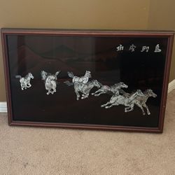 Wall Decor Asian Black Red Lacquer Mother of Pearl Abalone Wall Running Horse Inlaid Mountainous Background