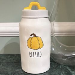 Rae Dunn “blessed” White and Orange Pumpkin Tall Ceramic Canister with Lid