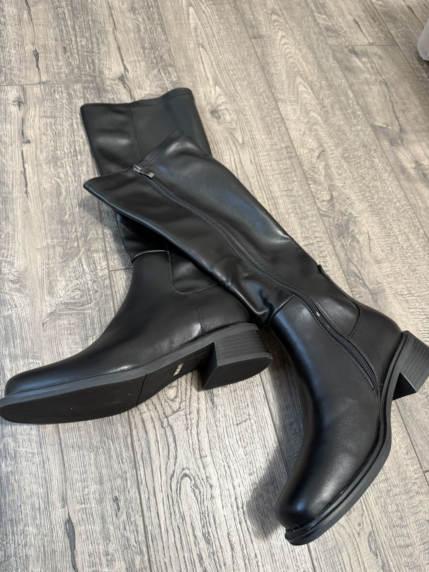 QIY Knee High Boots Women Faux Leather Elastic Black Boots Size 8.5