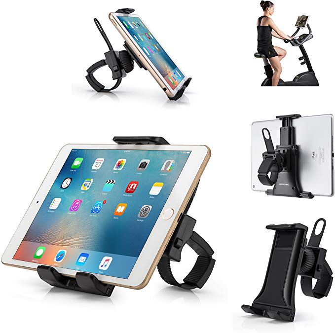 All-in-One Indoor Cycling Bike iPad/iPhone Mount, Portable Compact Tablet Holder for Gym Handlebar on Exercise Bikes & Treadmills, 360° Swivel Stand