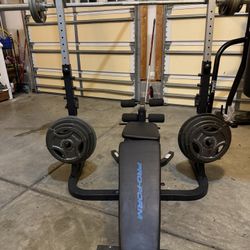 Gym set, Weight Bench with Rack, Bench spotter stand,Total plates with bar = ~392.5 lbs total weight