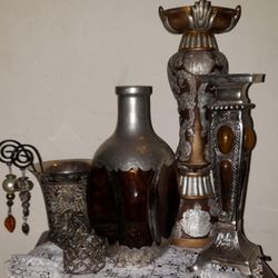 8 VINTAGE ORNATE SILVER AMBER GLASS GOLD BRONZE CANDLE PILLER HOLDER CANDLESTICK CUP BOTTLE DECANTER