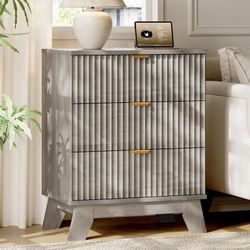 3 Drawers Dresser with Charging Station,Fluted Dresser for Bedroom,Wooden Chest of Drawers Modern Dresser for Closet,Gray