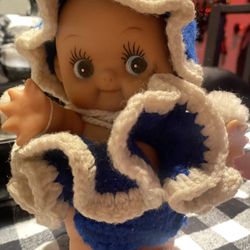 KEWPIE DOLL WITH BLUE AND WHITE CROCHETED OUTFIT