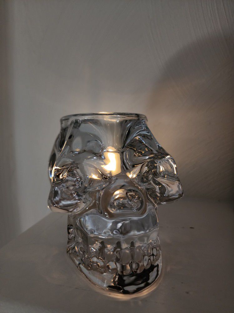 Halloween Heavy Glass Skull Candle & Tea Light Holder 