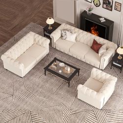 6 Seater Velvet Couches for Living Room Sets, Chesterfield Sofa Loveseat and Armchair 3 Pieces