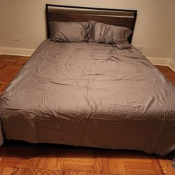 Platform Bed + Mattress + 2 Queen Pillows