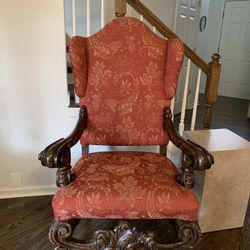 Large Upholstered Armchair- Antique Carved Wood Chair 