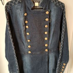 Venus cotton/poly/spandex denim double breasted military type jacket size 8