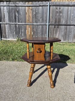 mid-century antiqued pine two-tier octagonal side table