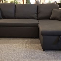 Brand New 89" x 61" Black Linen Reversible Sectional With Pullout Sofa And Storage Chaise