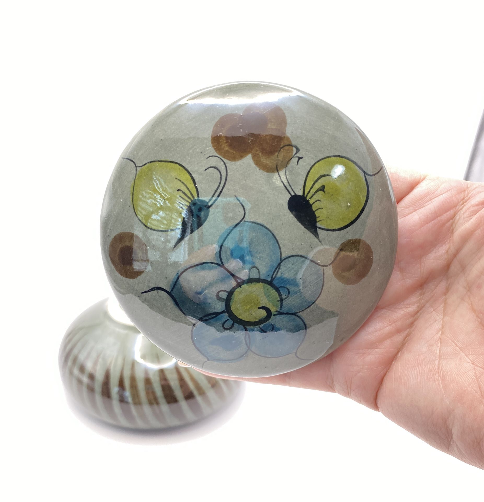 Tonala Round Lidded Trinket Dish High Gloss Hand Painted Floral & Butterfly Design Mexico