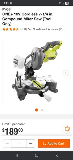 Ryobi 18v 7 1/4 Compound Miter Saw (Tool Only)
