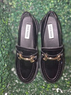 Steve Madden Black Patent Loafers with Gold Hardware