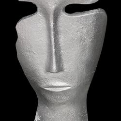 Large Silver Abstract Mask Sculpture   15 x 6 x 5              