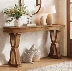 LD0094 new in box 63-Inch Solid Wood Console Table, Farmhouse Entryway Table with X-Shaped Legs, Long Sofa Table for Living Room, Hallway, or Foyer, E