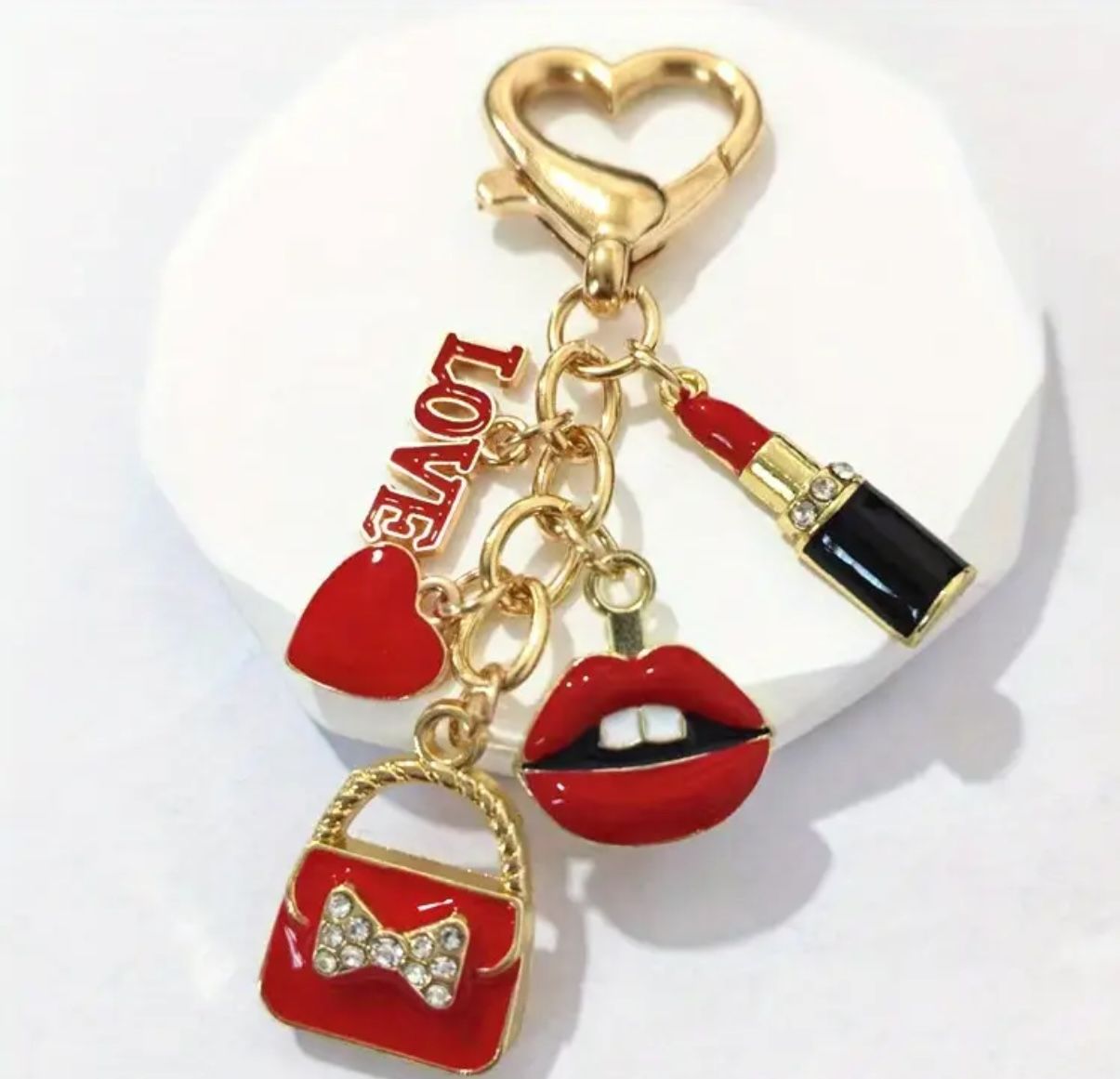 NEW Red & Golden Heart Keychain with Sparkling Rhinestone Charms