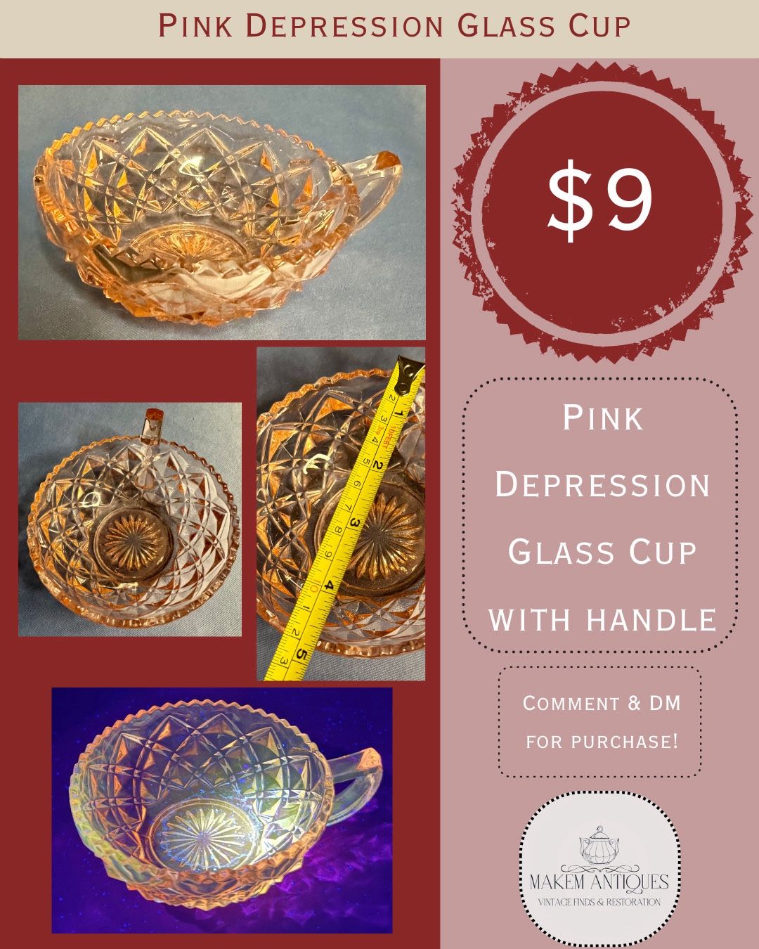 Beautiful Imperial Pink Depression, Glass Cup With Handle