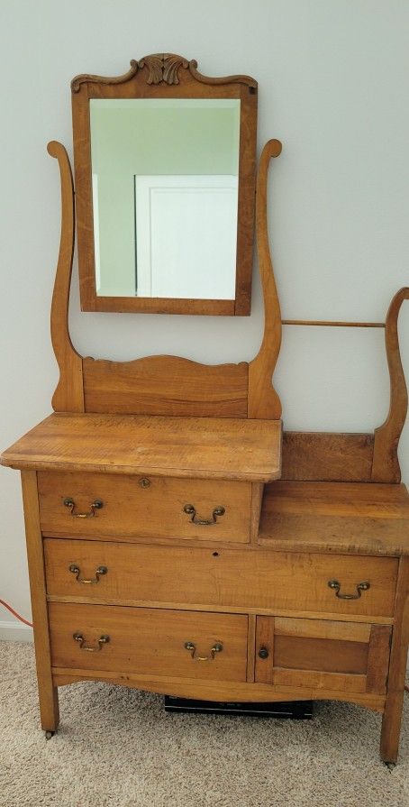 Antique Washstand Center Dresser With Beveled Mirror