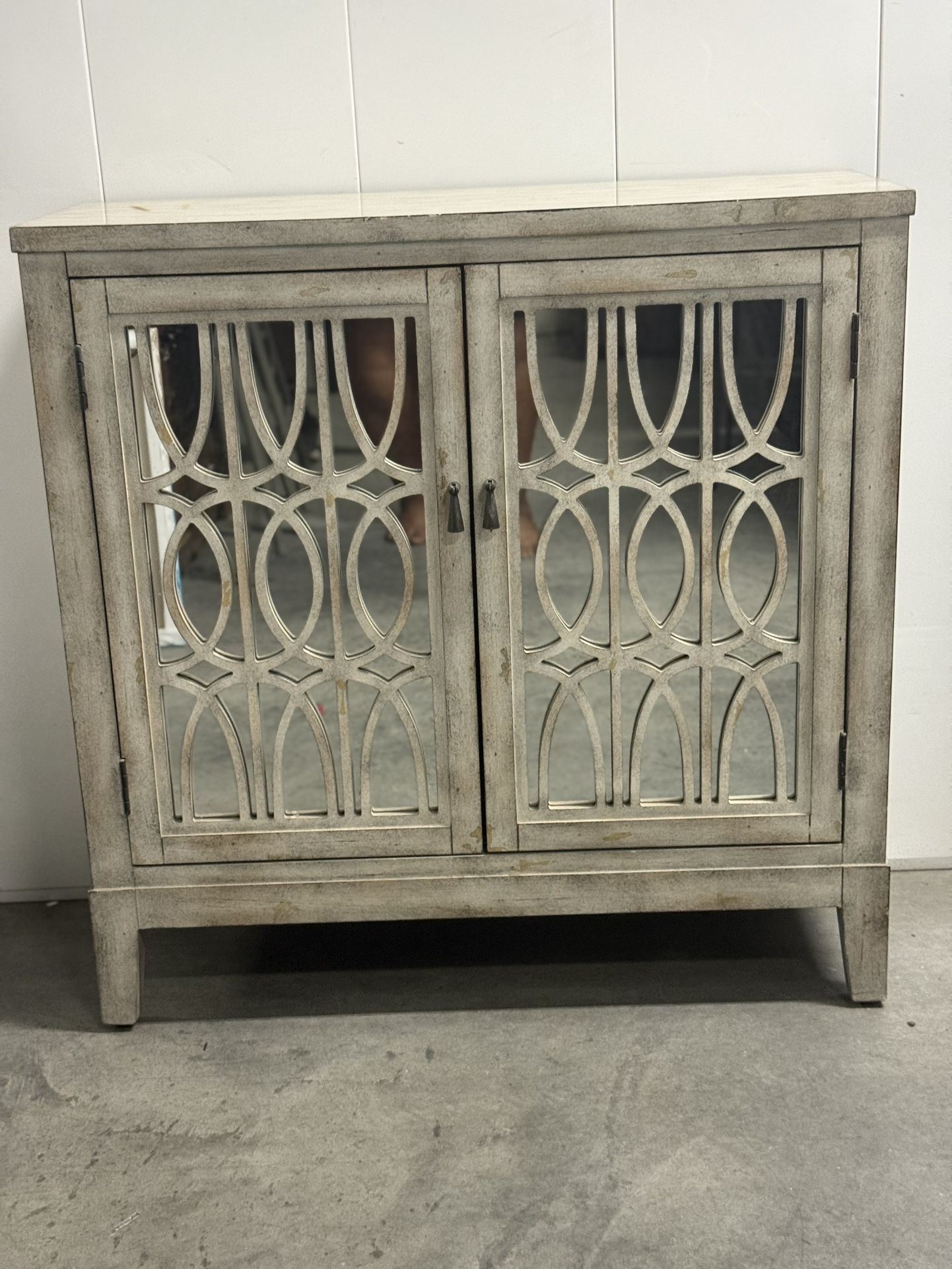 Elegant Mirrored Accent Cabinet – Distressed Wood Finish