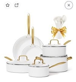 Ceramic Cookware Set, VONIKI 16 Pcs Pots and Pans Set Non Stick, Kitchen Cookware Sets with Cooking Utensils Set, Non Toxic Cookware Set White Gold Pa