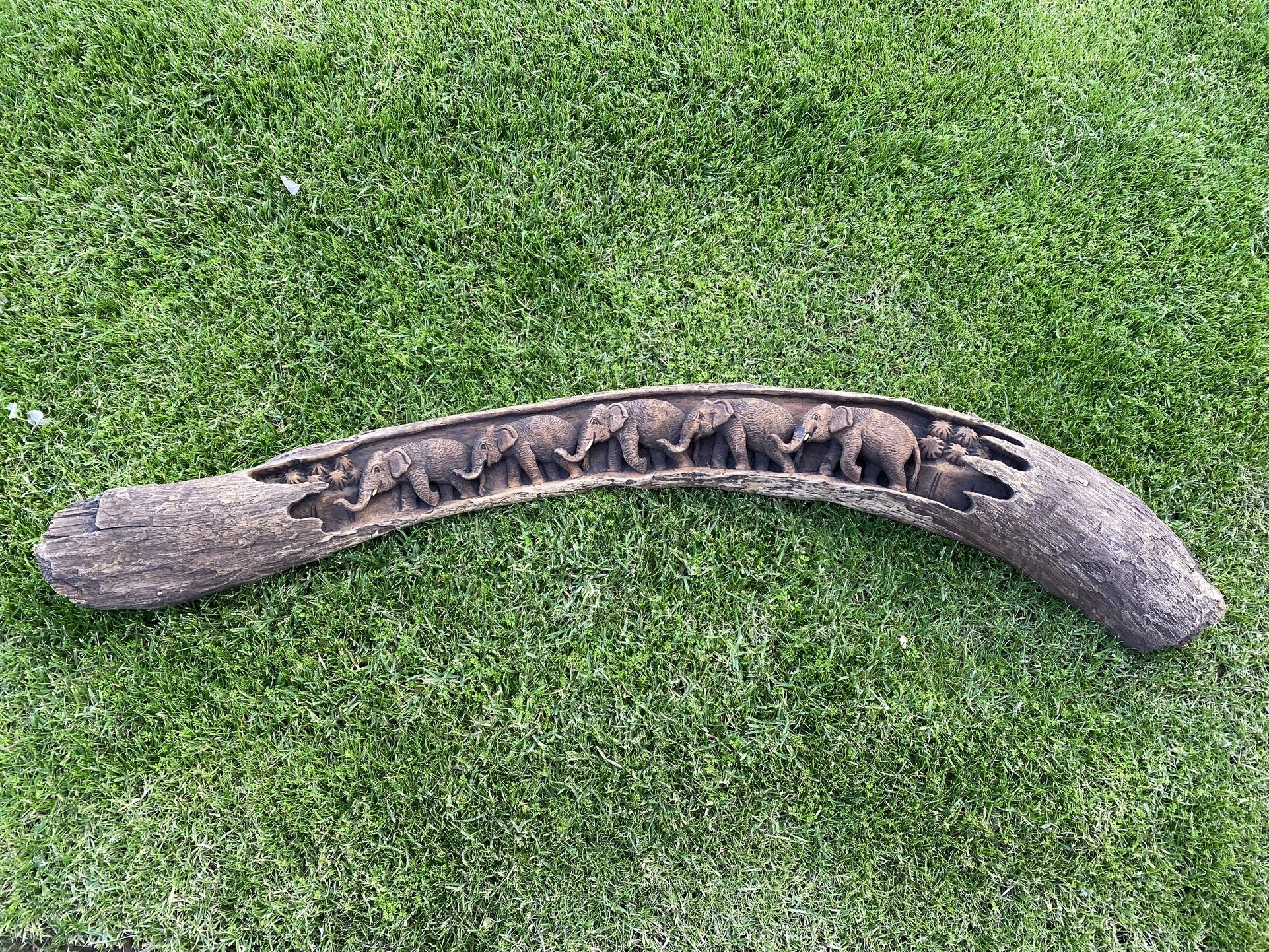 Hand-Carved Thai Elephant Panel - 35.5” Solid Wood Wall Decor
