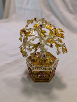 Money Tree Trinket Box, Gold Tone, Red Rhinestones, Gold Coins