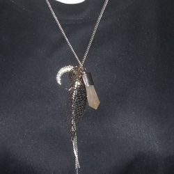 Silvertone Necklace Charm Necklace With Crystal Moon And Feather