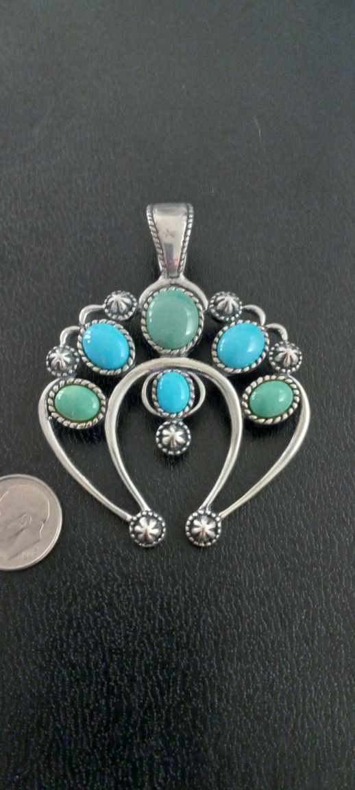 Sterling Silver Green And Blue Turquoise Carolyn Pollock American West Southwestern Naja Squash Blossom Necklace Pendant Enhancer