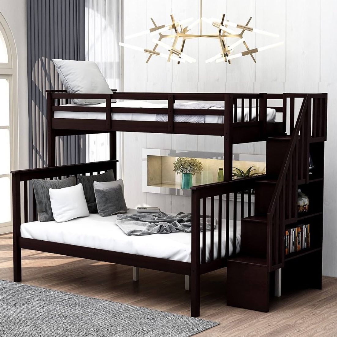 Espresso Twin Over Full Bunk Bed with Staircase Bookshelf  [NEW IN BOX] **Retails for $799 ^Assembly Required^ 