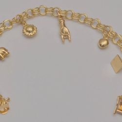14K Yellow Gold Double Link Chain Charm Bracelet 7.25 inches