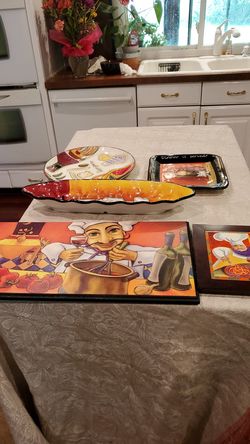 3 serving dishes and 2 wall plaques