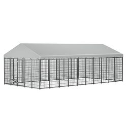 Large Dog Kennel Outdoor Pet Pens Dogs Run Enclosure Animal Hutch Metal Coop Fence with Roof Cover. 18.9'L x 9.61'W x 6.76'H.