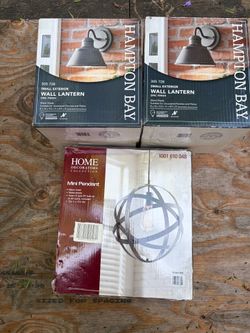 3 New Light Fixtures – Home Decorators Pendant + 2 Hampton Bay Outdoor Wall Lanterns – New in Box
