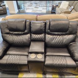 Summer clearance sale. Santiago black leather reclining sofa and loveseat set only $1099. Easy finance option. Same-day delivery.