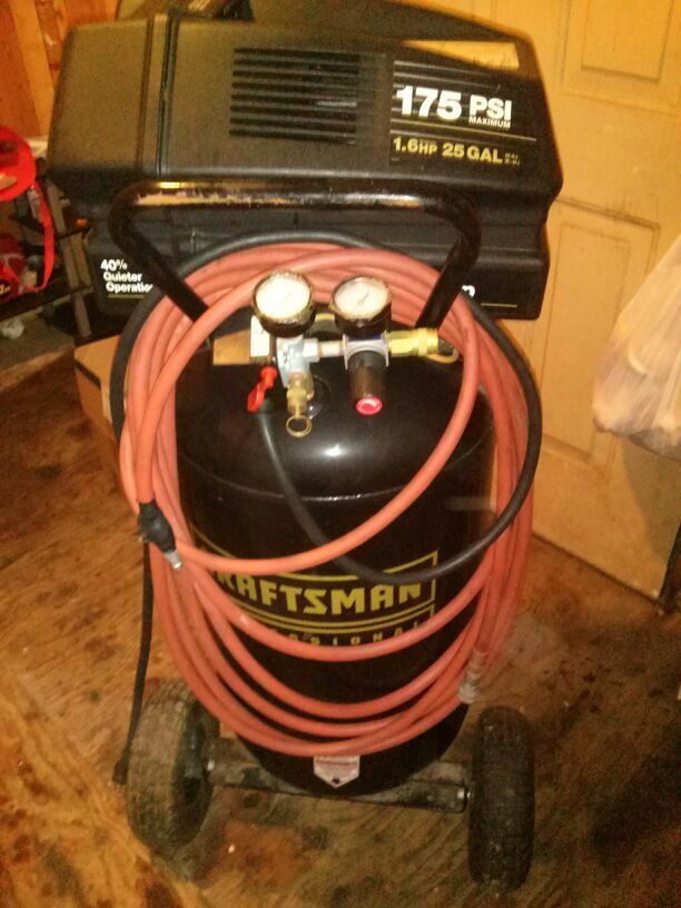 Craftsman. 175 psi air compressor. 1.6 hp. 25 gallon tank. Black. Used twice. For a total of less than 30 minutes. 100% satisfaction guaramteed?