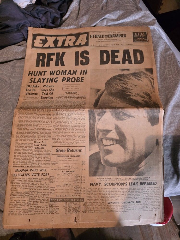 Los Angeles Herald Examiner newspaper from June 6, 1968, reporting the assassination of Senator Robert F. Kennedy