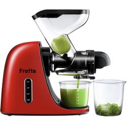 Fretta Cold Press Juicer,Masticating Slow Juicer, 3'' Large Feeding Chute fit Whole Fruits and Vegetable,High Juice Yield,BPA Free, Easy to Clean, Red