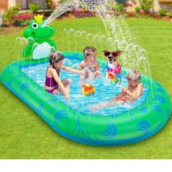 Inflatable Sprinkler Pool, Updated Baby Pool with 2 Sprinkler Systems Large Outdoor Splash Pad for Kids Toddlers Frog Swimming Pool for Backyard Garde