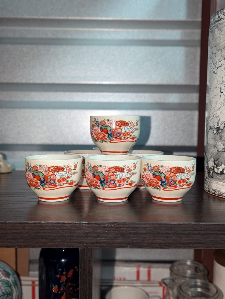 Vintage Kutani Japanese Sake Tea Cup Yunomi Signed Ware Sencha Pottery Set Of 7