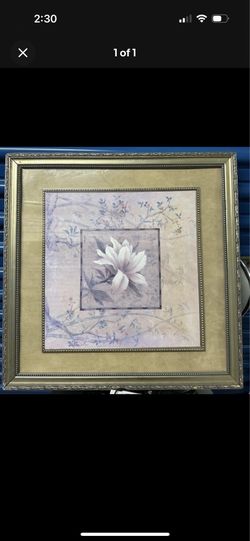 Framed Floral Flower Print Wall Art, Beige Green White Purple, Square