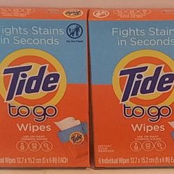 (2) Tide To Go Wipes Instant Stain Remover 6 Individual Wipes per pack