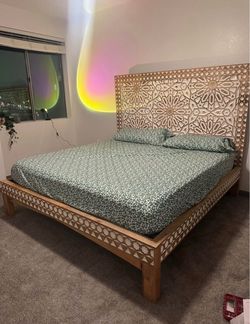 Carved Wood Bed Frame with Headboard