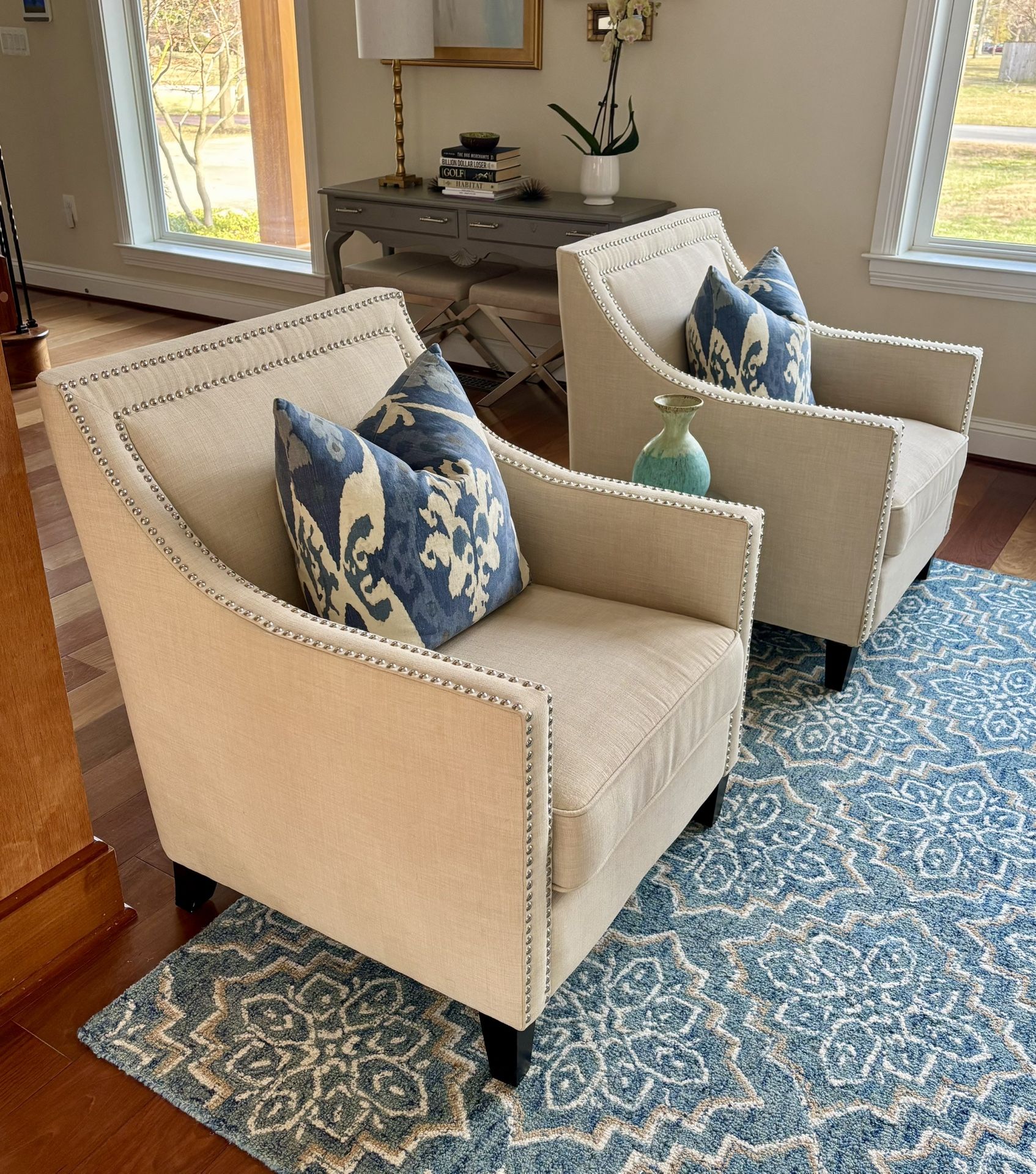*PRICE REDUCED* 2 (Cream Colored) Accent Chairs + FREE (Light Blue) Ottoman 