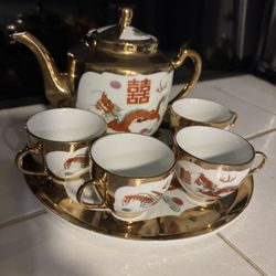 VTG Red Dragon Phoenix Gold Leaf Asian 7-Pc Porcelain Tea Pot Cups Serving Plate